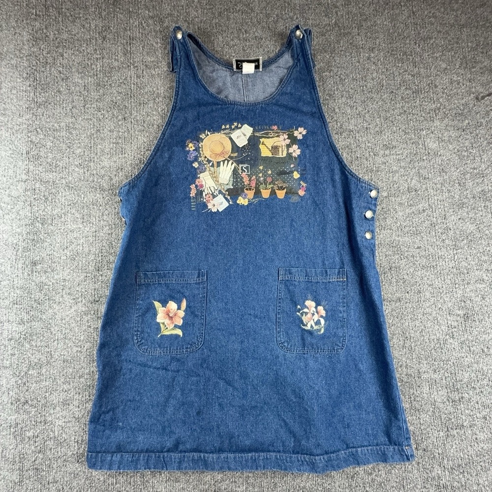 Vintage St. Joanne Overall Dress Womens XL Blue Denim Floral Gardening Pockets